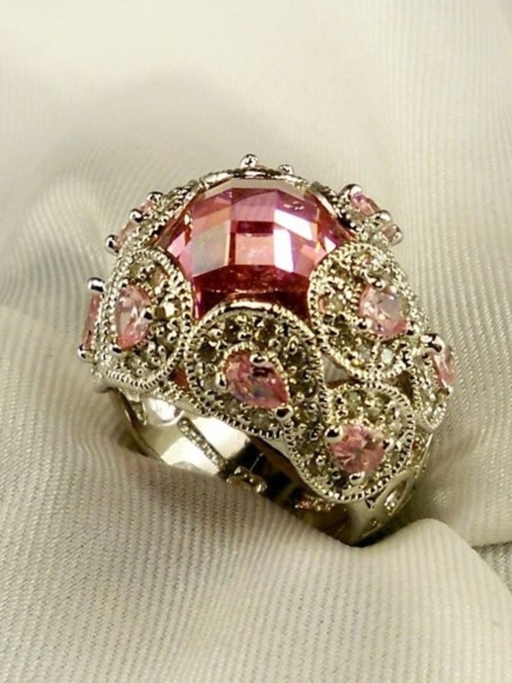 Vintage ADI Thailand Sterling Silver Pink Quartz Doublet & CZ Cocktail Ring - Picture 5 of 7